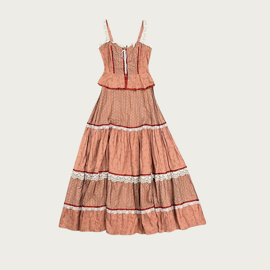 (S) 70s Gunne Sax Peach Peplum Maxi Dress