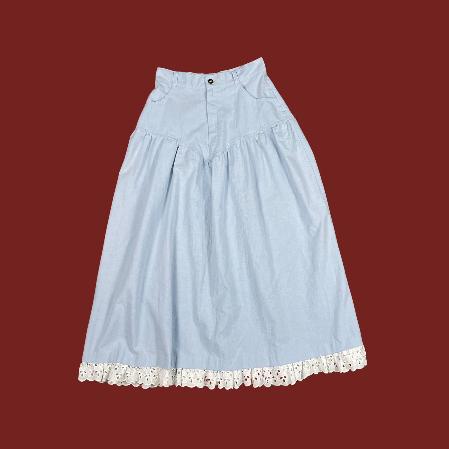 (26") 70s/80s Light Blue Eyelet Trim Midi Skirt