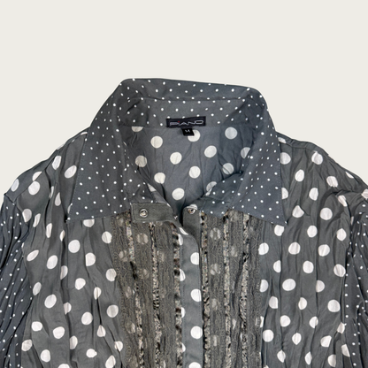 (M) 90s Green/Cream Polka Dot Lace Fringe Trim Blouse