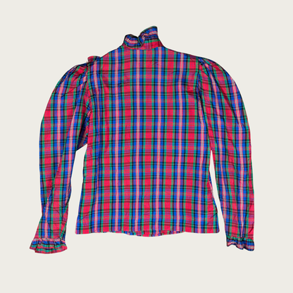 (M) 80s Multicolor Plaid Ruffle Blouse