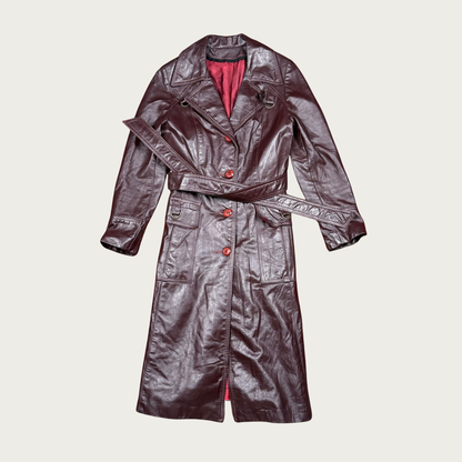 (XS) 70s Burgundy Leather Trench Coat