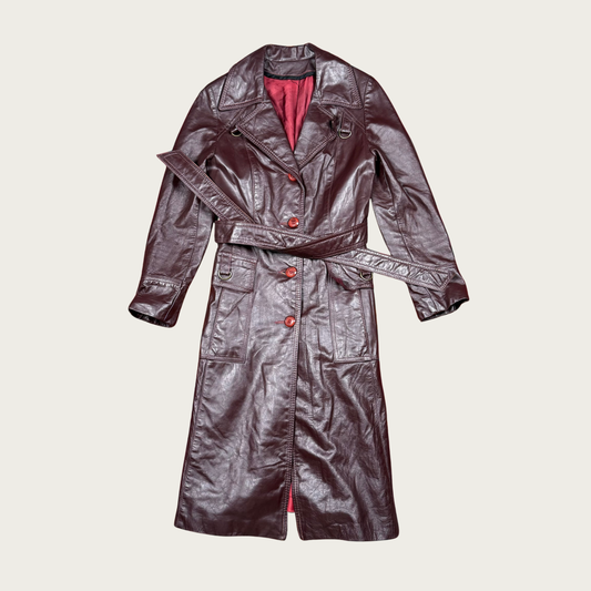 (XS) 70s Burgundy Leather Trench Coat