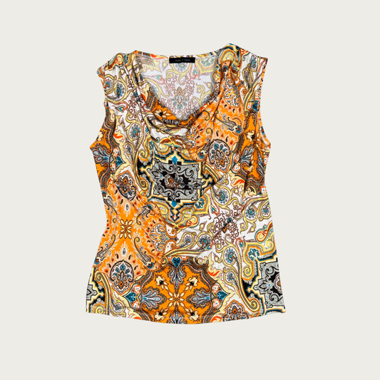 (L) Orange Paisley Print Y2K Cowl Neck Top