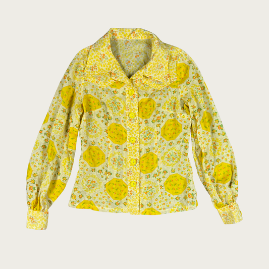 (S/M) 60s/70s Yellow Quilt Pattern Blouse