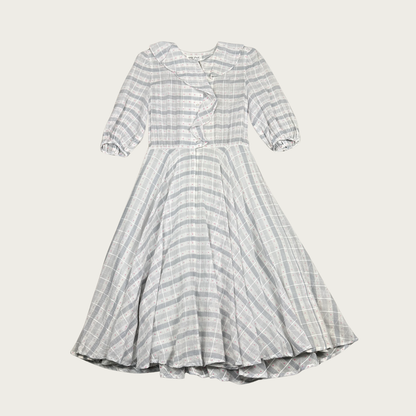 (S) 80s Light Gray Plaid Sheer Midi Dress