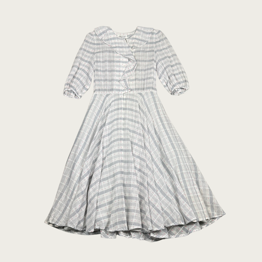 (S) 80s Light Gray Plaid Sheer Midi Dress