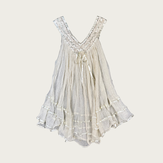 (S/M) Cream Gauze Ribbon Trim Mini Dress/Tunic