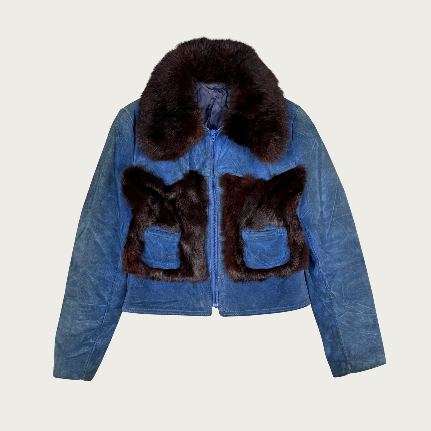(XS/S) 60s/70s Blue Suede and Brown Fur Paneled Jacket