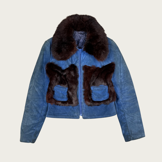 (XS/S) 60s/70s Blue Suede and Brown Fur Paneled Jacket