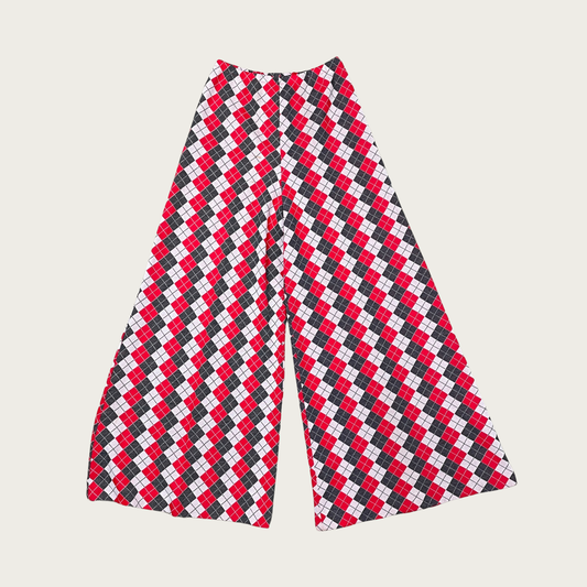 (S) 70s Red Argyle Pattern Stretch Wide Leg Elephant Flares