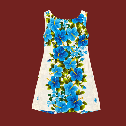 (S) 60s/70s Blue/White Hawaiian Mini Dress