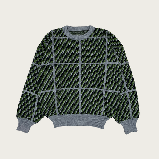 (L) Green Plaid Zig Zag Pattern Sweater