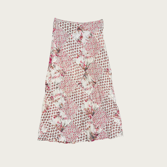 (M) 90s Cream/Pink Floral Patchwork Cotton Maxi Skirt