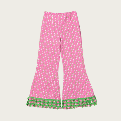 (29") 70s Pink and Green Floral Pom Pom Bell Bottoms