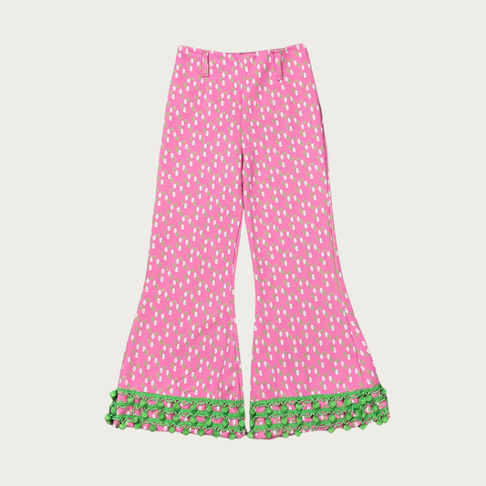 (29") 70s Pink and Green Floral Pom Pom Bell Bottoms