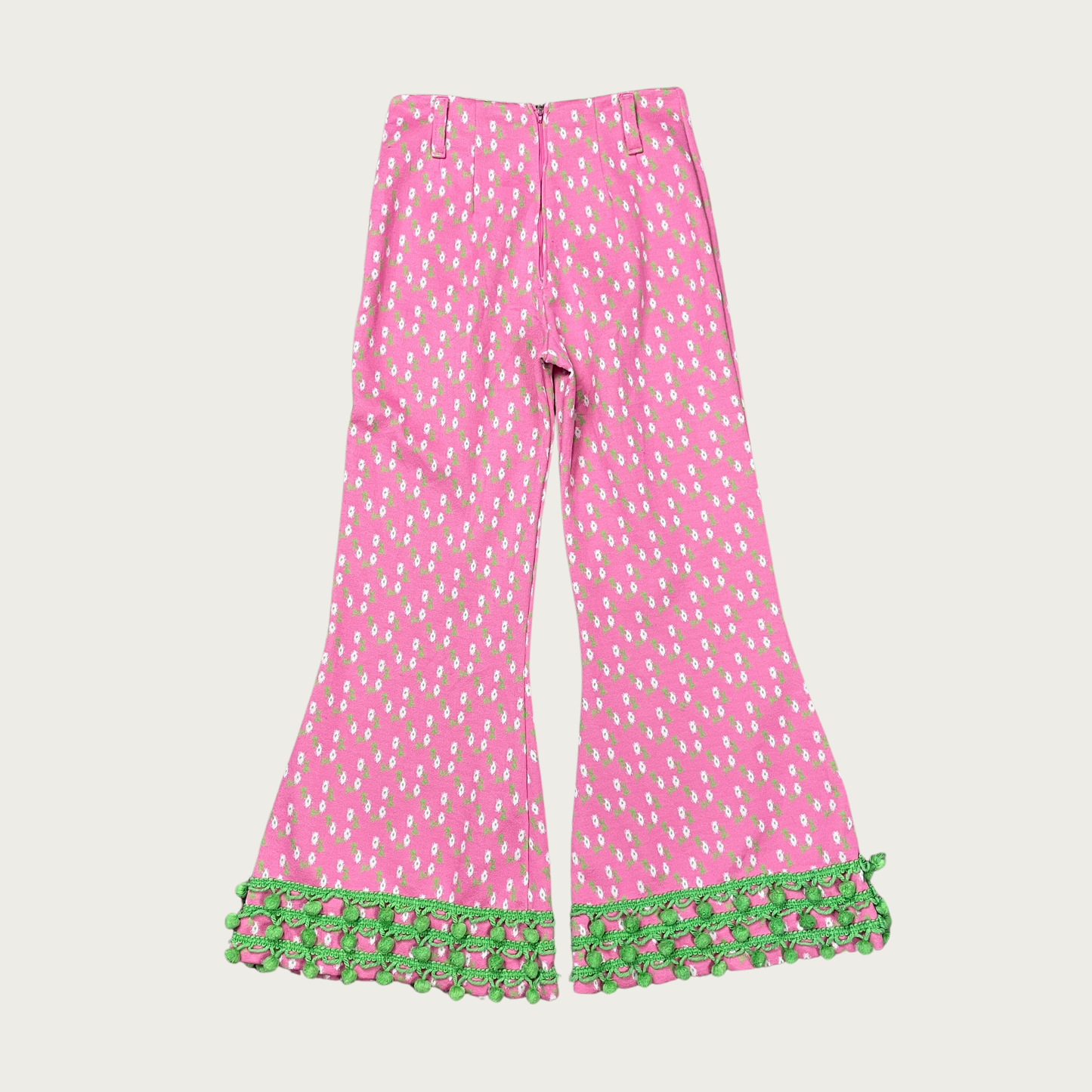 (29") 70s Pink and Green Floral Pom Pom Bell Bottoms