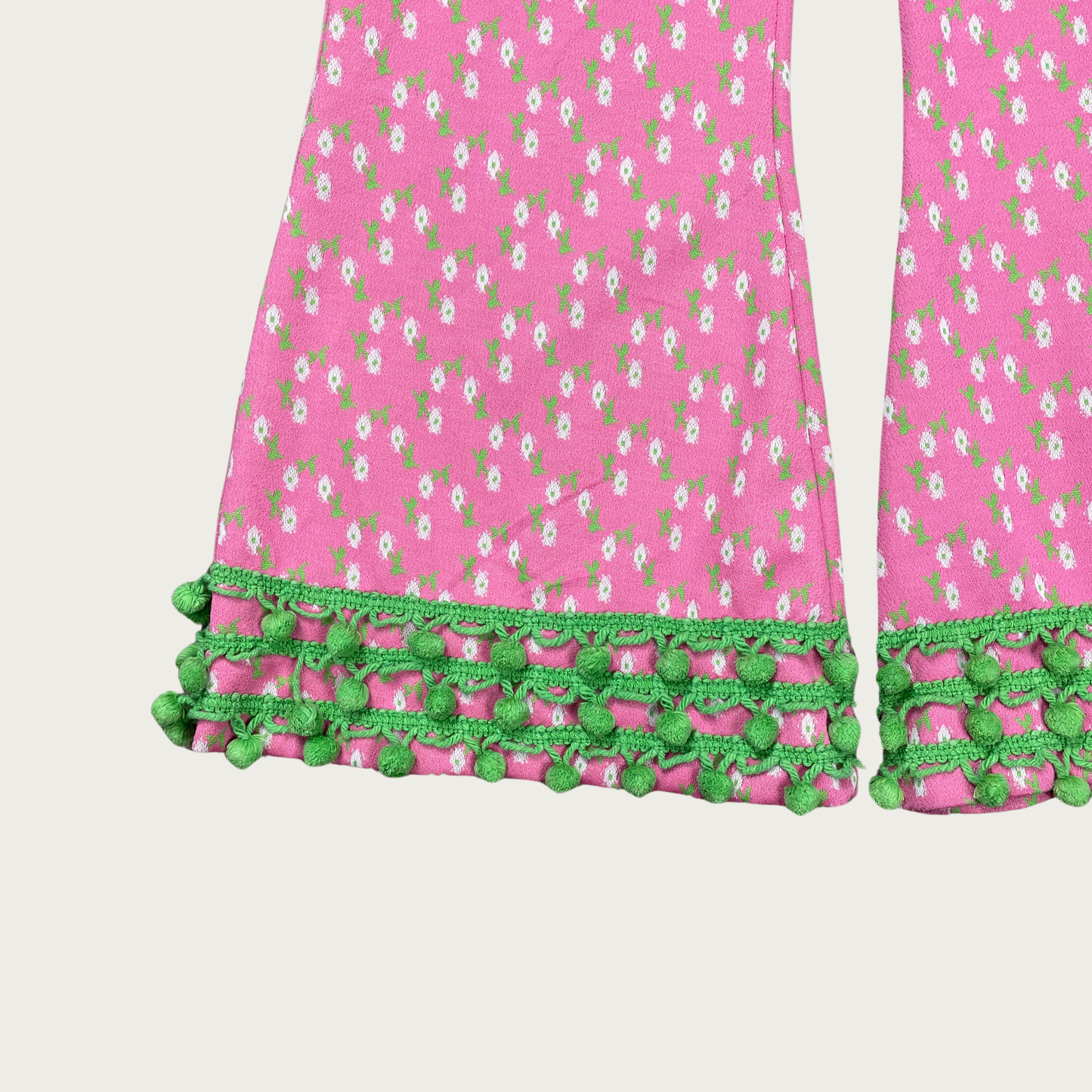 (29") 70s Pink and Green Floral Pom Pom Bell Bottoms