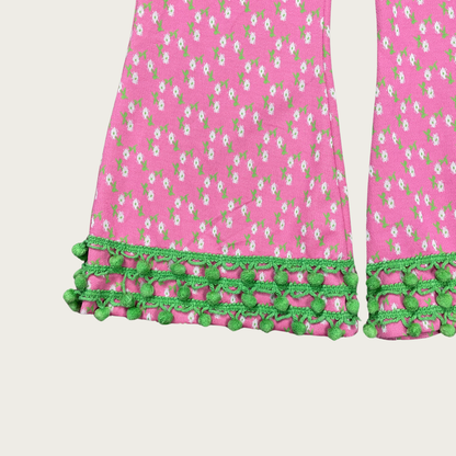 (29") 70s Pink and Green Floral Pom Pom Bell Bottoms