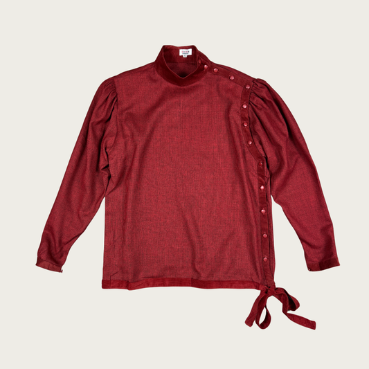 (L) 80s Red Asymmetrical Button Up Blouse