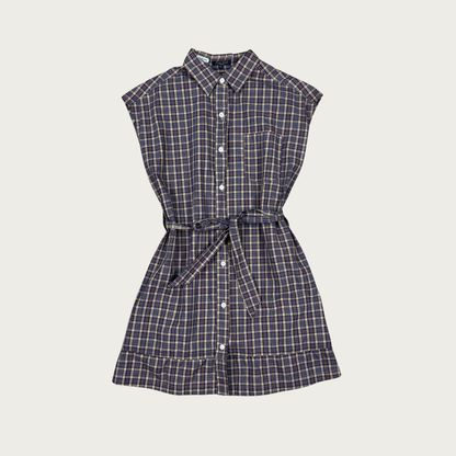 (S/M) Custom Reworked Vintage Tan/Navy Plaid Mini Dress