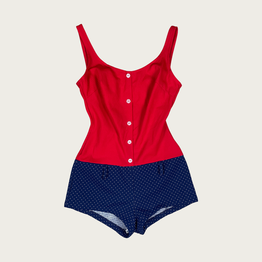 (M) Vintage One Piece Red and Navy Polka Dot Swimsuit