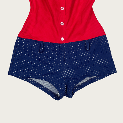 (M) Vintage One Piece Red and Navy Polka Dot Swimsuit