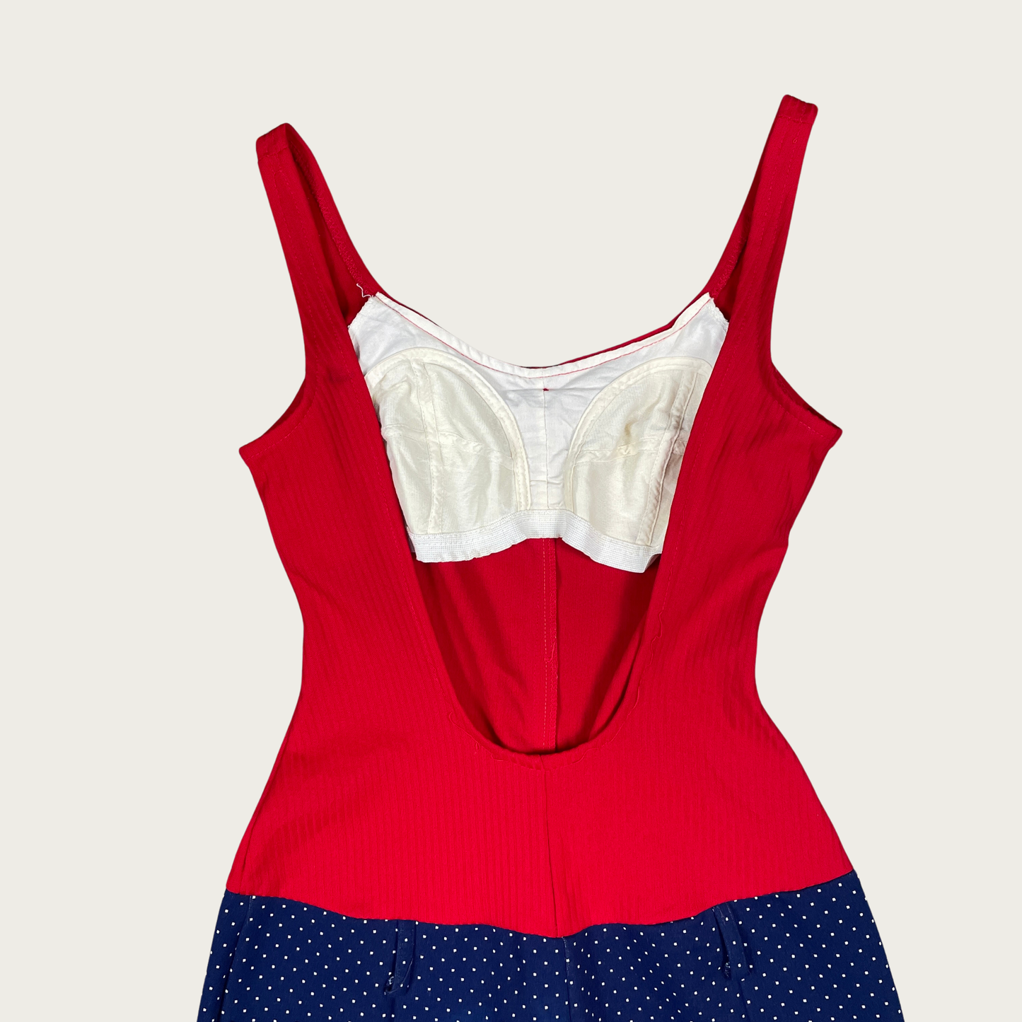 (M) Vintage One Piece Red and Navy Polka Dot Swimsuit