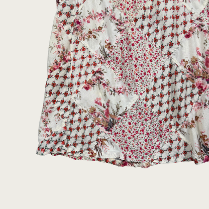 (M) 90s Cream/Pink Floral Patchwork Cotton Maxi Skirt