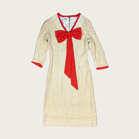 (S) Vintage Red Bow Applique Boucle Fabric Cream Dress