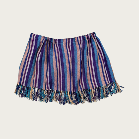 (L) Custom Reworked Vintage Striped Fringe Mini Skirt