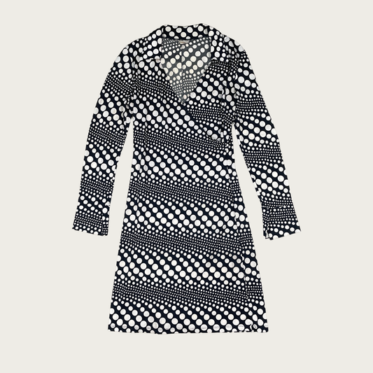 (M) Black and White Polka Dot Surplice Wrap Collared Midi Dress