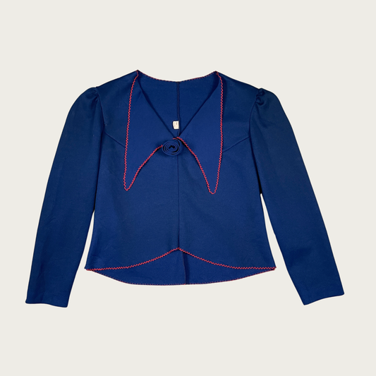 (M) 60s/70s Navy Blue Oversized Collar Contrast Stitch Top
