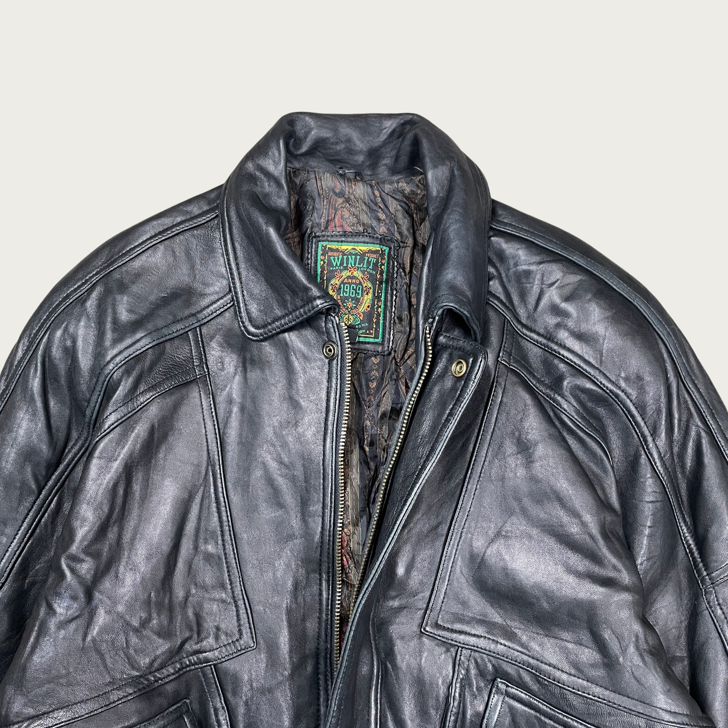 (L) Black Leather Bomber Jacket