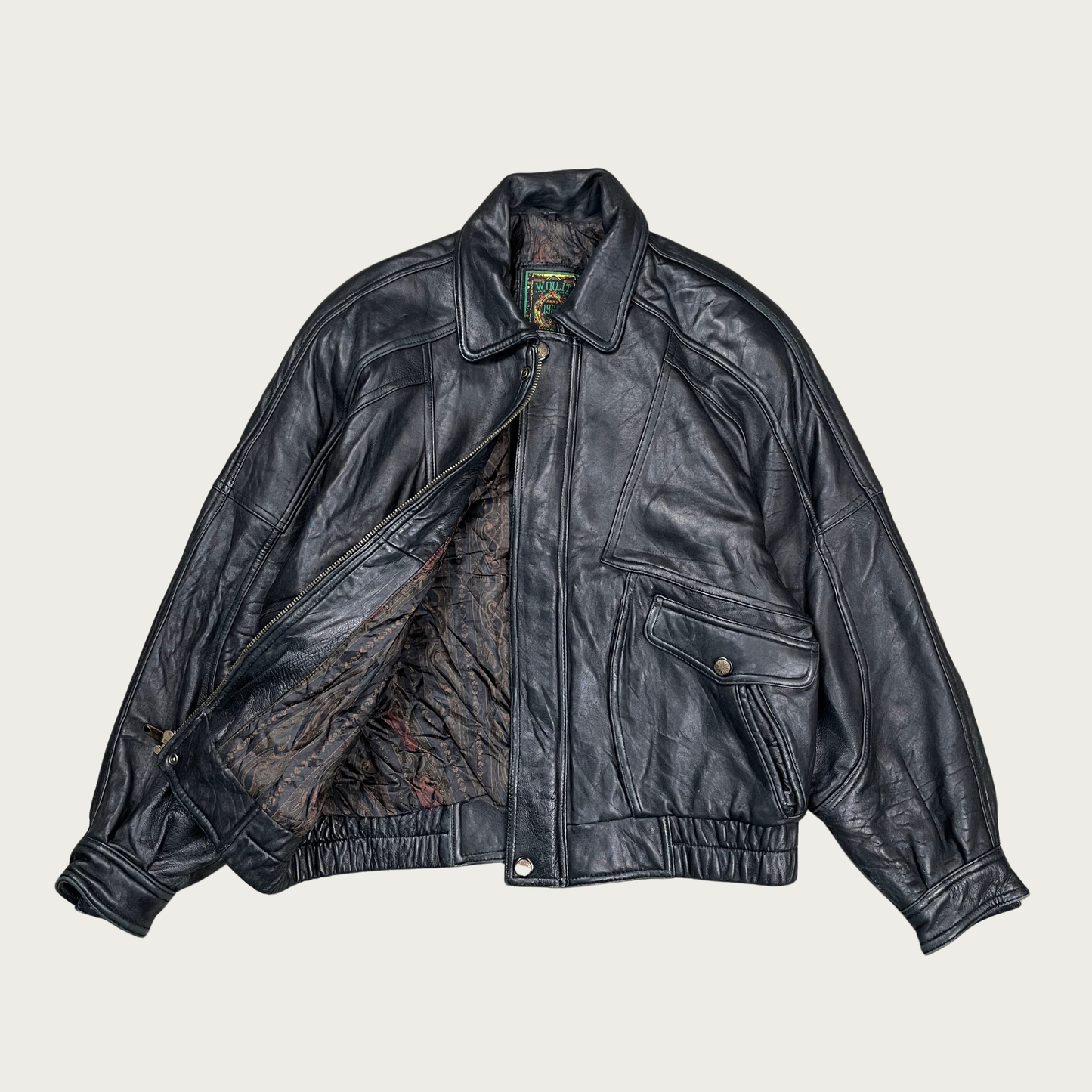 (L) Black Leather Bomber Jacket