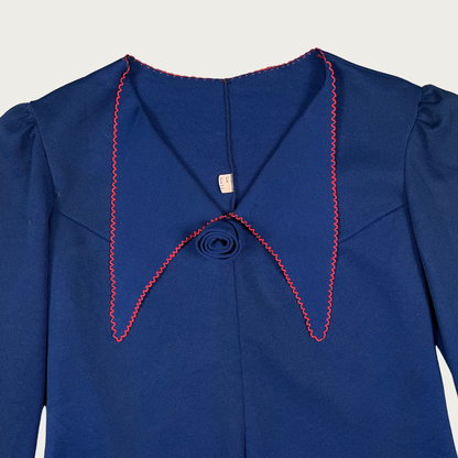 (M) 60s/70s Navy Blue Oversized Collar Contrast Stitch Top