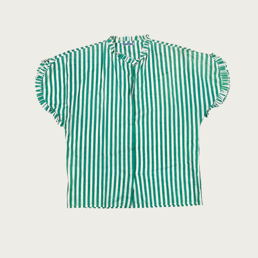 (M/L) 80s Green/Cream Striped Ruffle Blouse