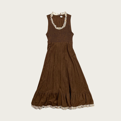 (S) 70s Brown Terrycloth Floral Trim Midi Dress