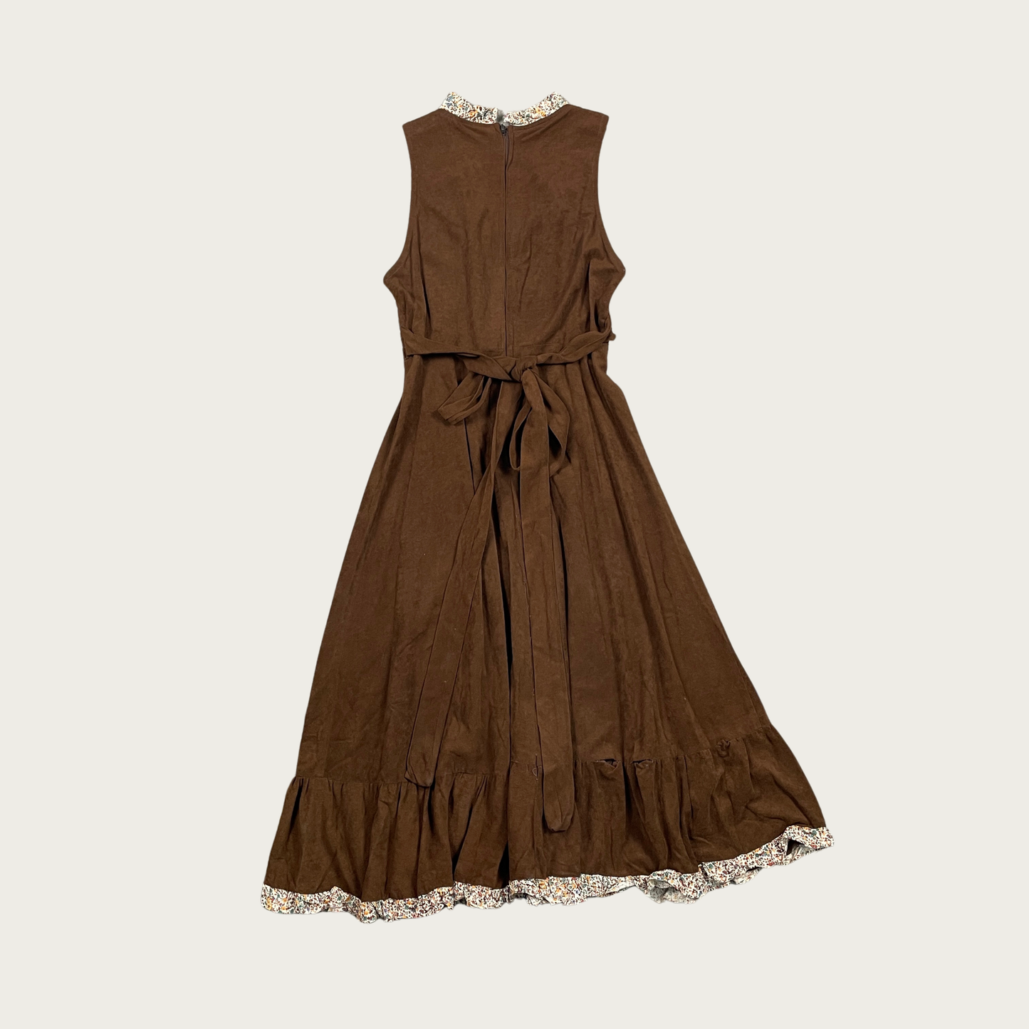 (S) 70s Brown Terrycloth Floral Trim Midi Dress