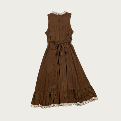 (S) 70s Brown Terrycloth Floral Trim Midi Dress