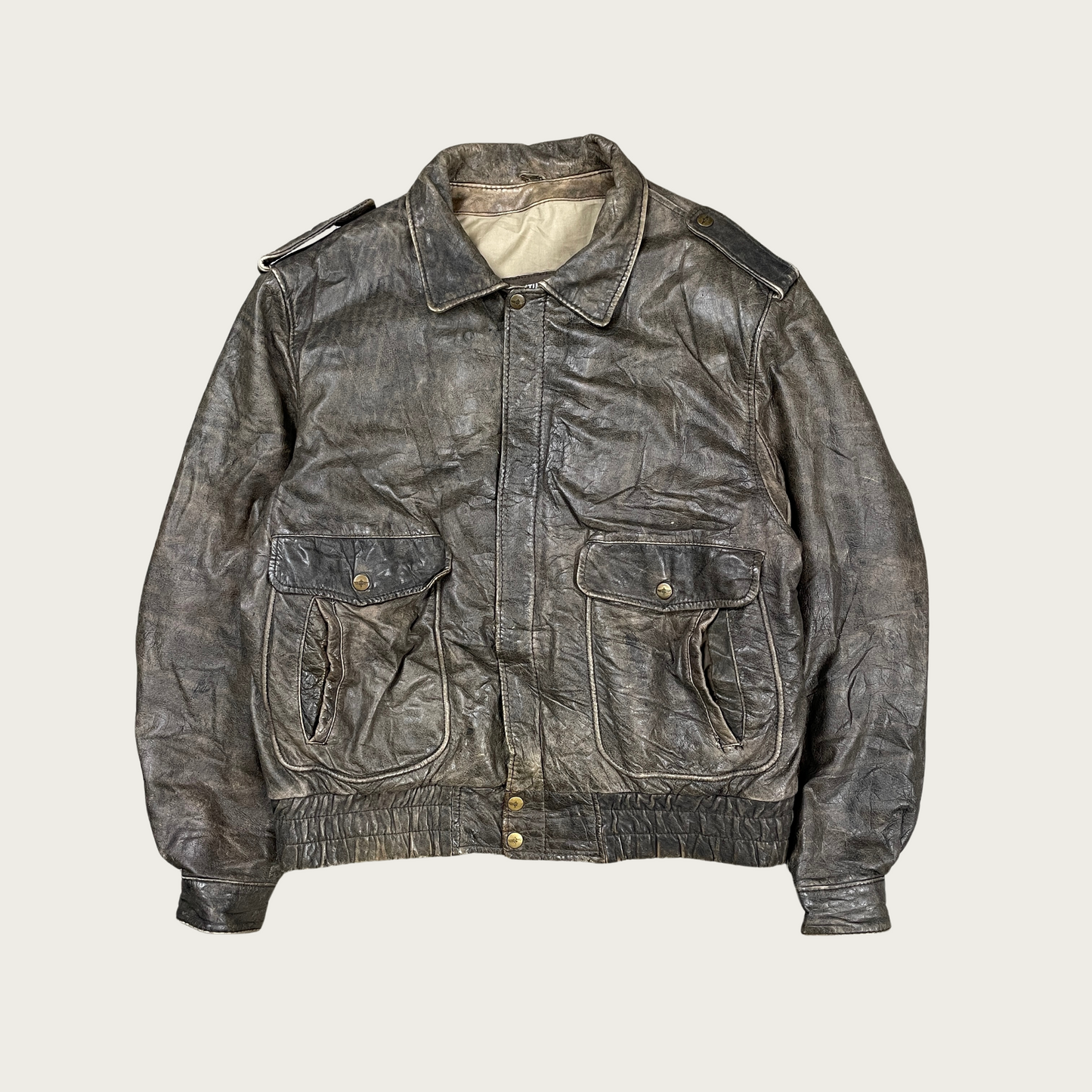 (L) Stone Washed Leather Bomber Jacket