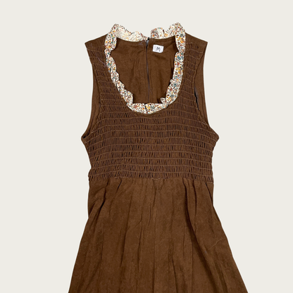 (S) 70s Brown Terrycloth Floral Trim Midi Dress