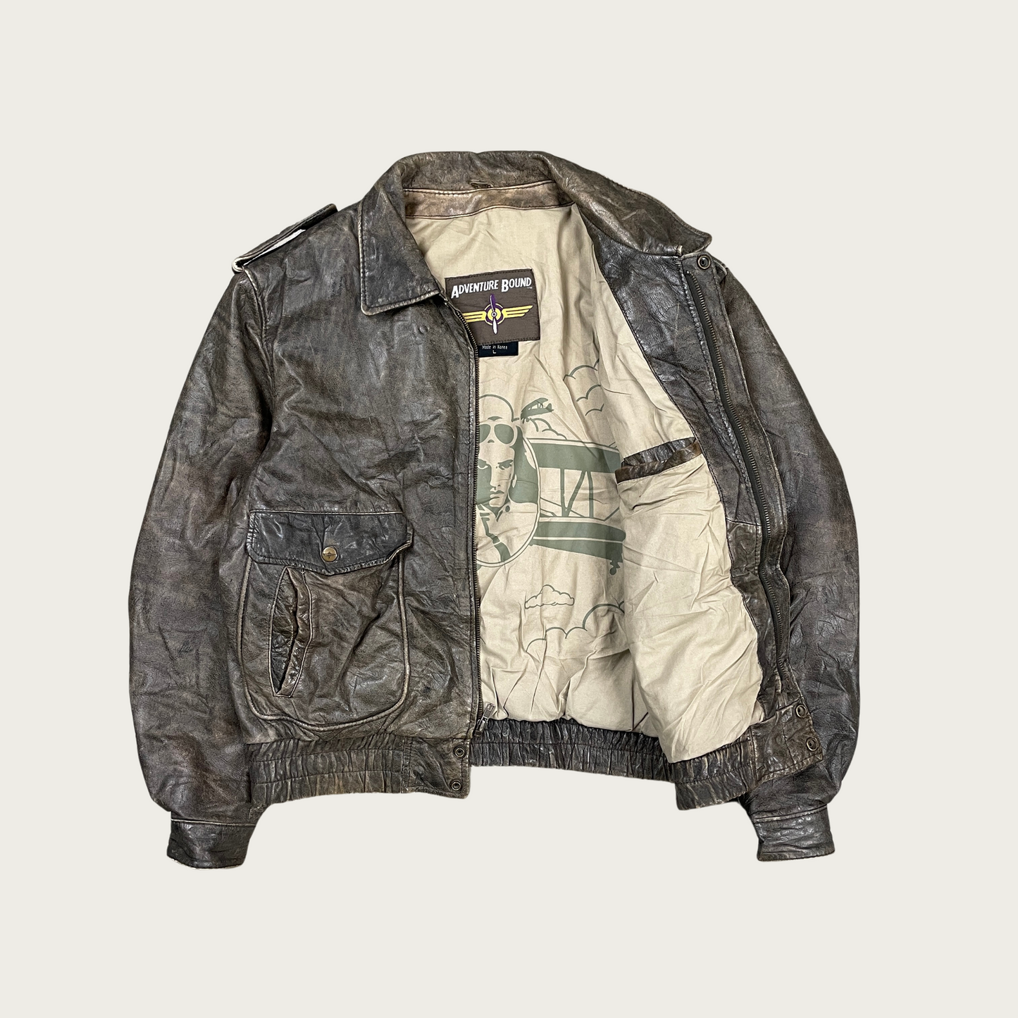 (L) Stone Washed Leather Bomber Jacket