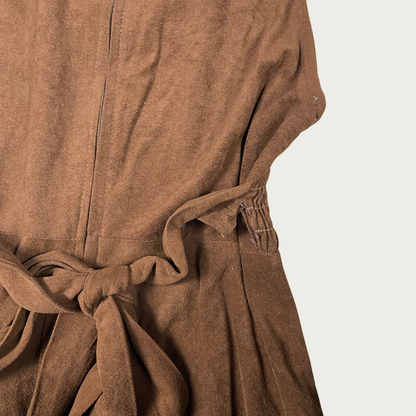(S) 70s Brown Terrycloth Floral Trim Midi Dress
