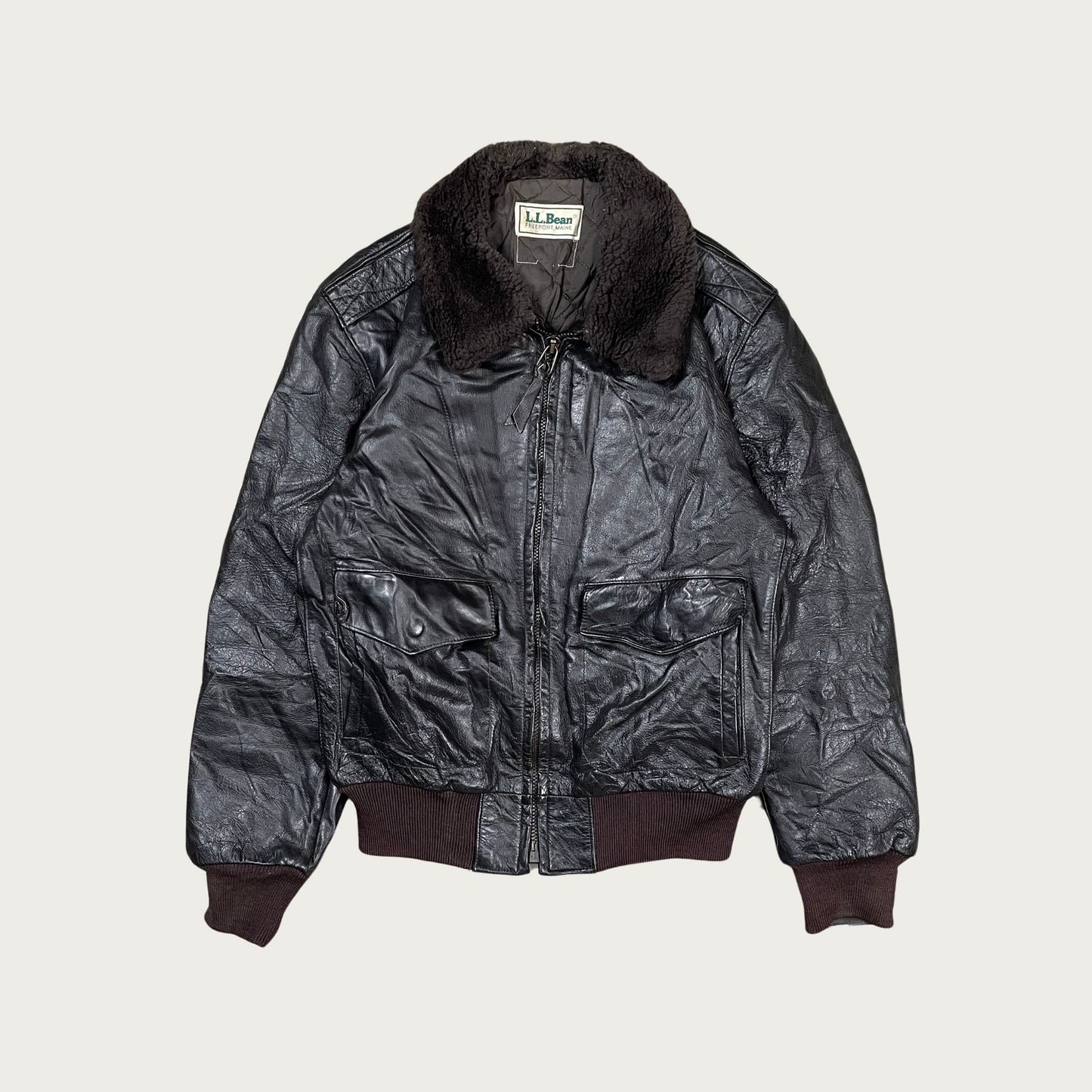 (L) L.L. Bean Fur Collared Leather Bomber Jacket