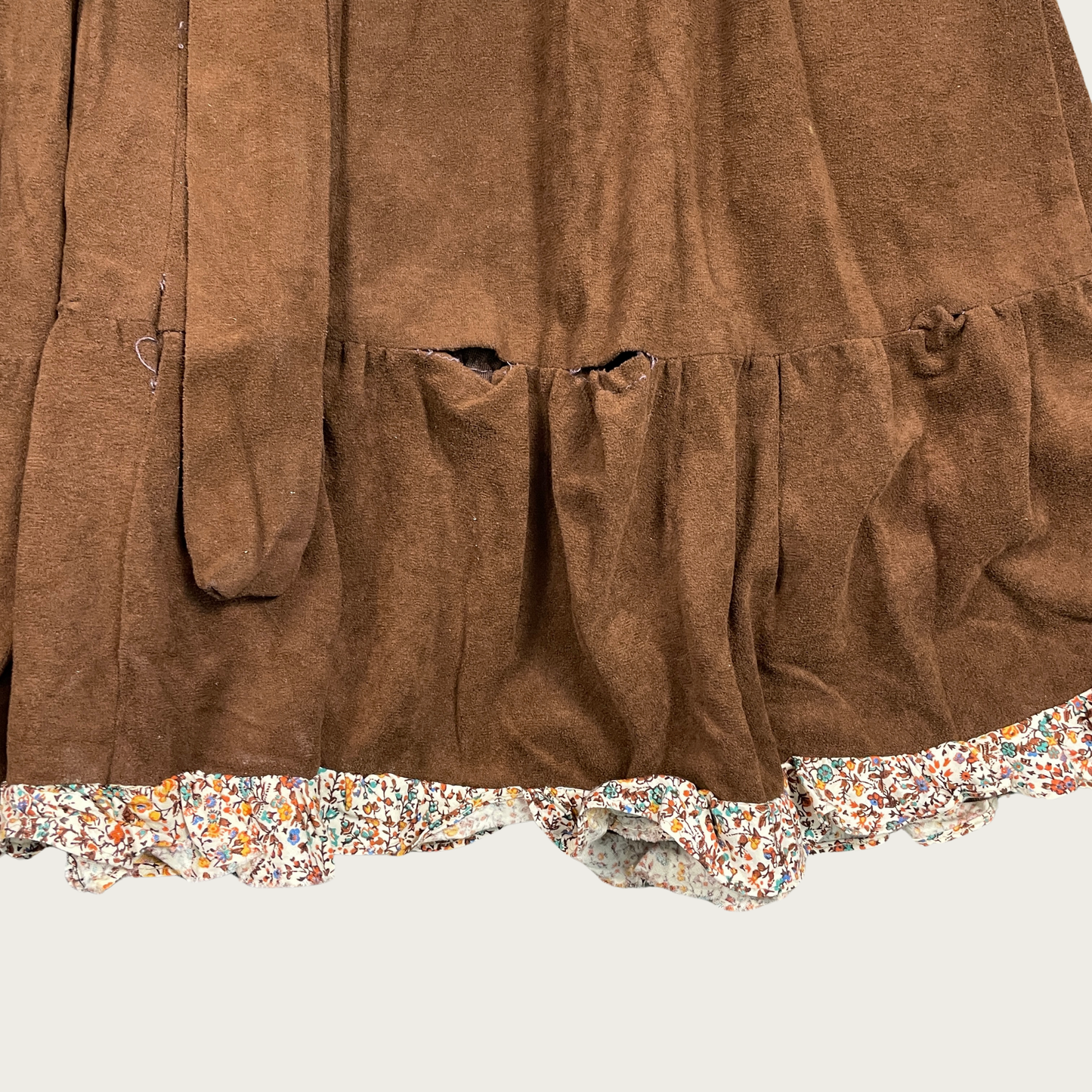 (S) 70s Brown Terrycloth Floral Trim Midi Dress