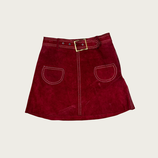 (23") 70s Burgundy Suede Belted Mini Skirt