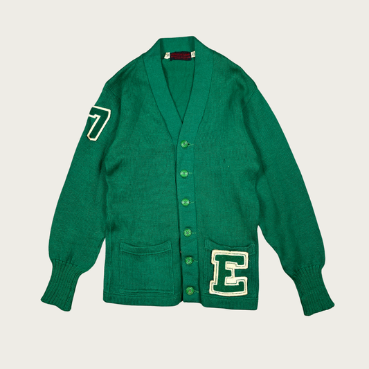 (S) 60s Green Wool Varsity Letterman Cardigan