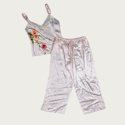 (S) 90s/Y2K Pink Floral Sequin Satin Pajama Set