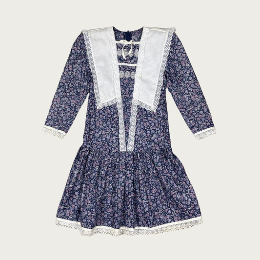 (S) Gunne Sax Navy Blue Floral Drop Waist Collared Dress