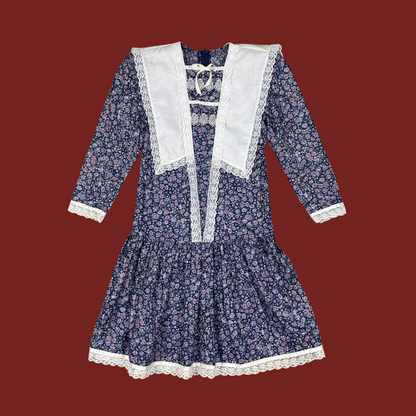 (S) Gunne Sax Navy Blue Floral Drop Waist Collared Dress